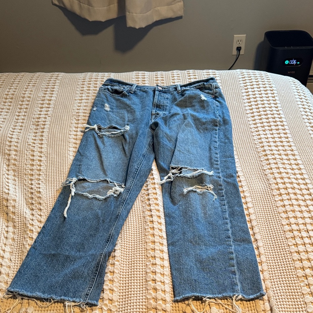 Distressed Straight-Leg Blue Denim Jeans